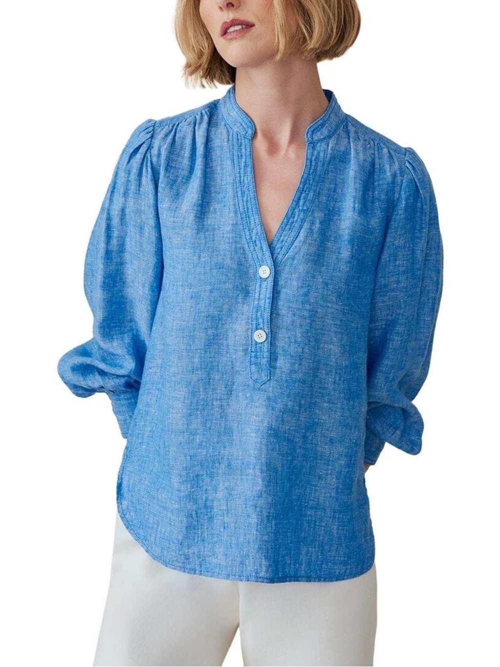 J.McLaughlin 100% Linen Blue Rashell Blouse Coastal Lagenlook Resort wear Size L